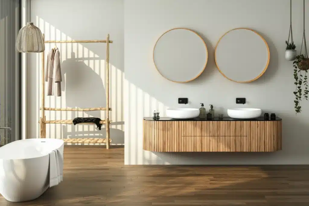 Cuarto de baño decorado en madera y colores claros